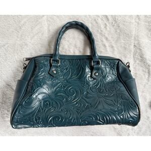 Patricia Nash Skye Satchel Teal Blue Tooled Leather Bag *Missing Crossbody Strap